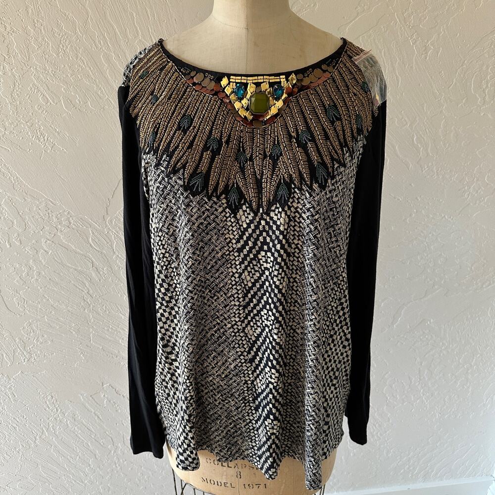 SOFT SURROUNDINGS Womens Embroidered Feathers Beaded Top Size L Wacky Boho Chic